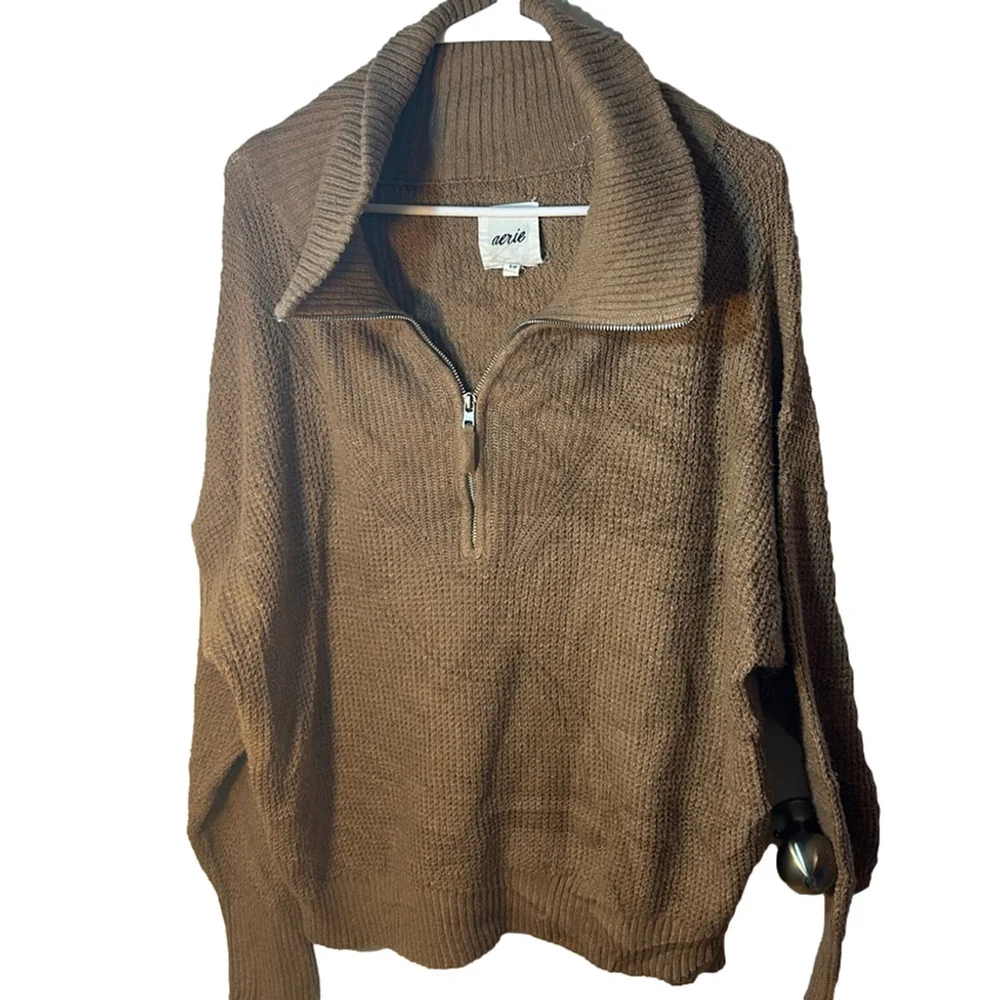 Size, small Aerie cotton polyester blend brown quarter-zip pullover sweater - Picture 2 of 9